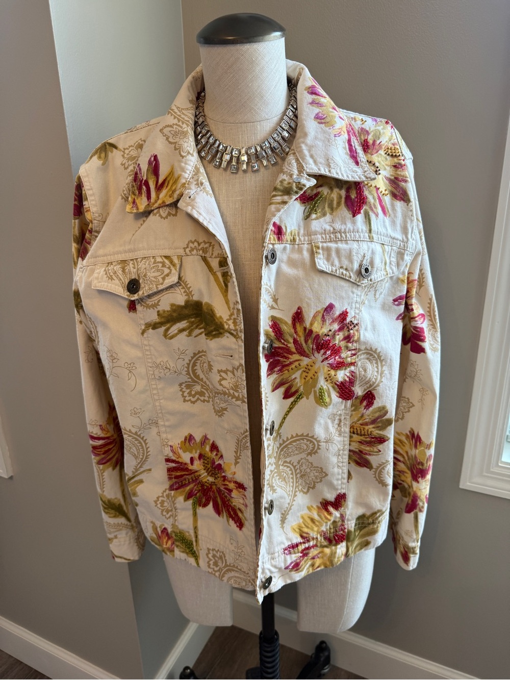 Susan Bristol Ivory Floral Jean Jacket with Pink and Olive Accents